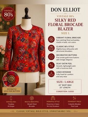 Don Elliot - vintage 80s - Silky Red Floral Brocade Blazer
